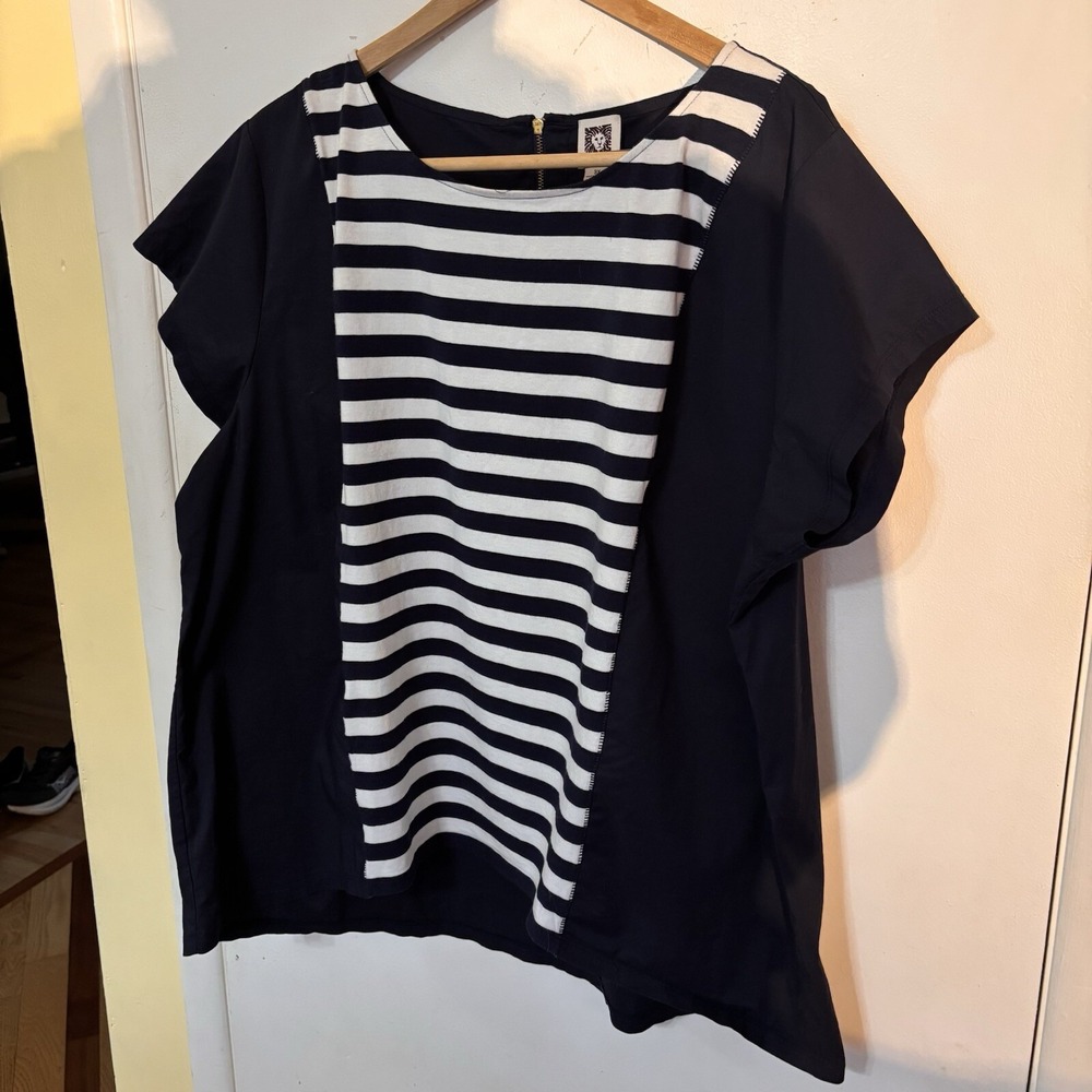 Anne Klein Womens Blouse 3XL Cap Sleeve Round Neck Blue/Stripes High-low - Picture 3 of 9